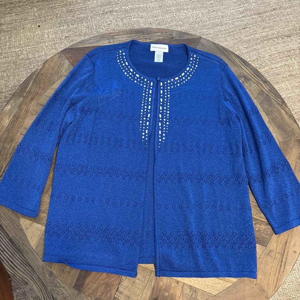 Alfred Dunner Pointelle Mock Layer Embellished Sweater Cobalt Blue Size L $58